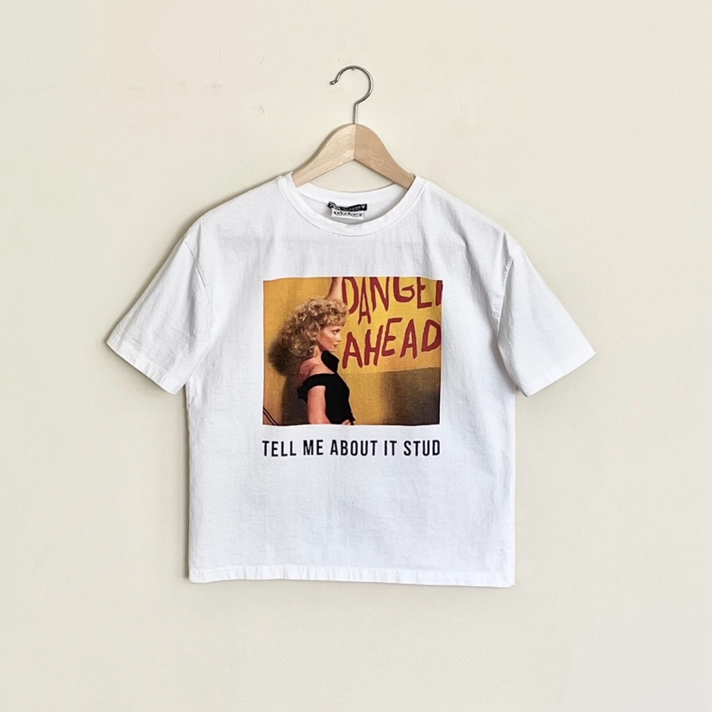 Zara x Grease Sandy “Tell Me About It Stud” Graphic White Cropped Tee Women’s M